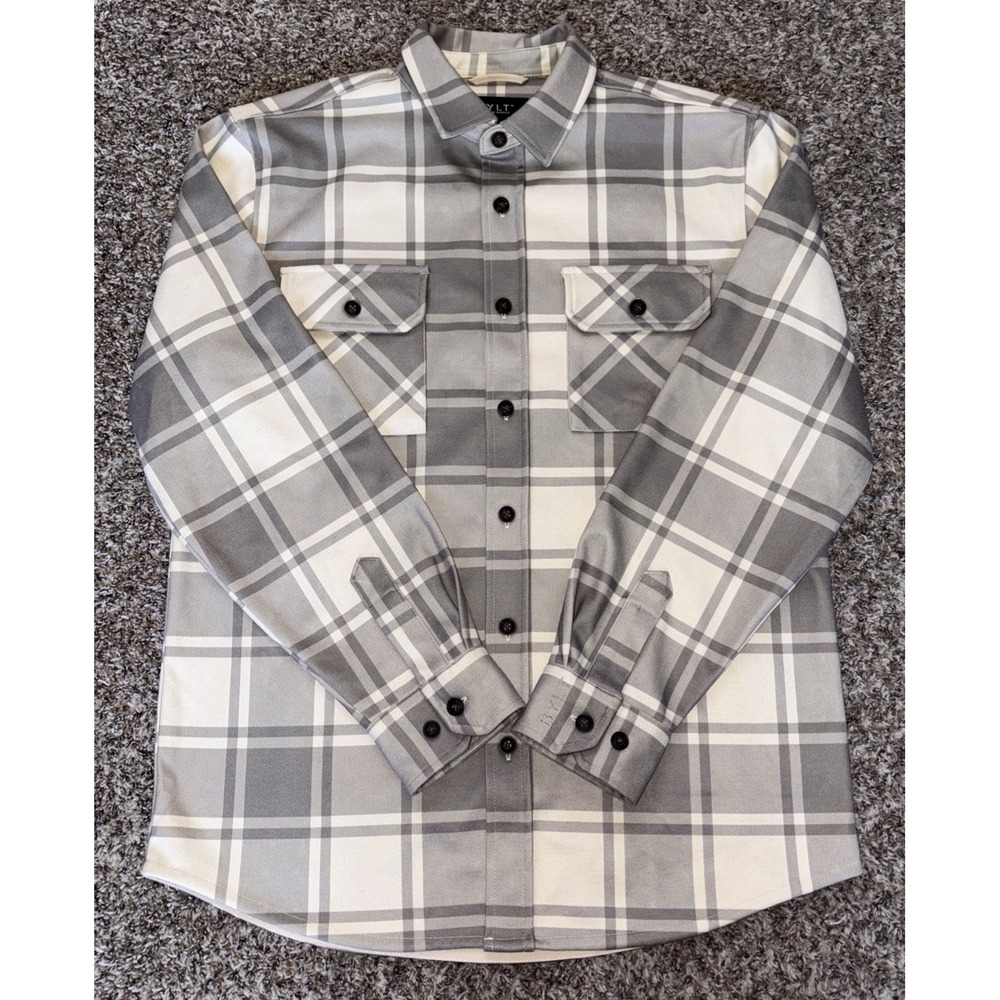 Bylt Premium Overshirt Plaid Gray Beige Medium Button Up Long Sleeve